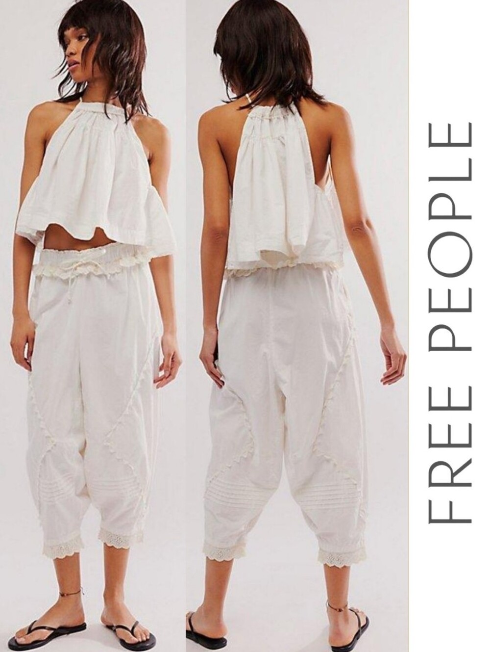 Free People Beach Life Cropped Harem Pants with Eyelet Trim Detail - Clean Ivory
